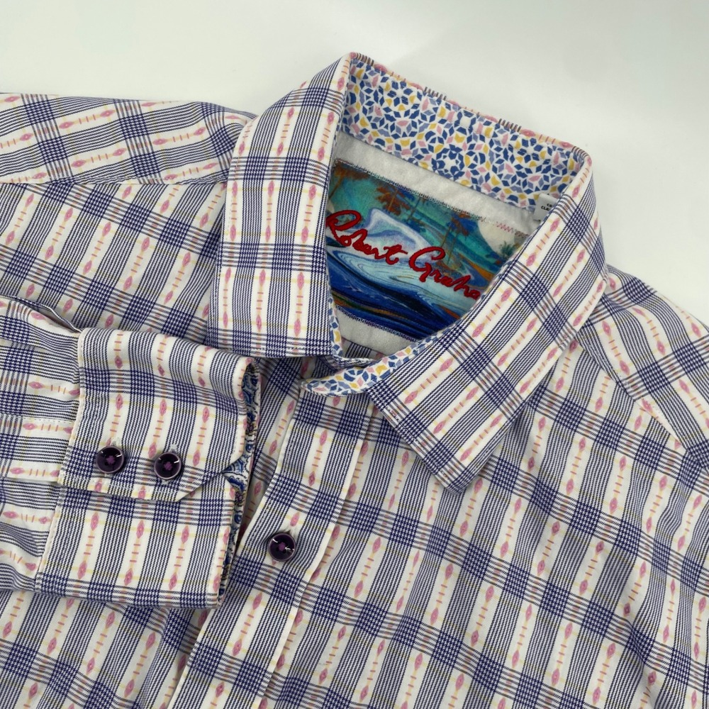 Robert Graham Button Down Shirt Mens L Purple Plaid Classic Fit Long Sleeve Logo